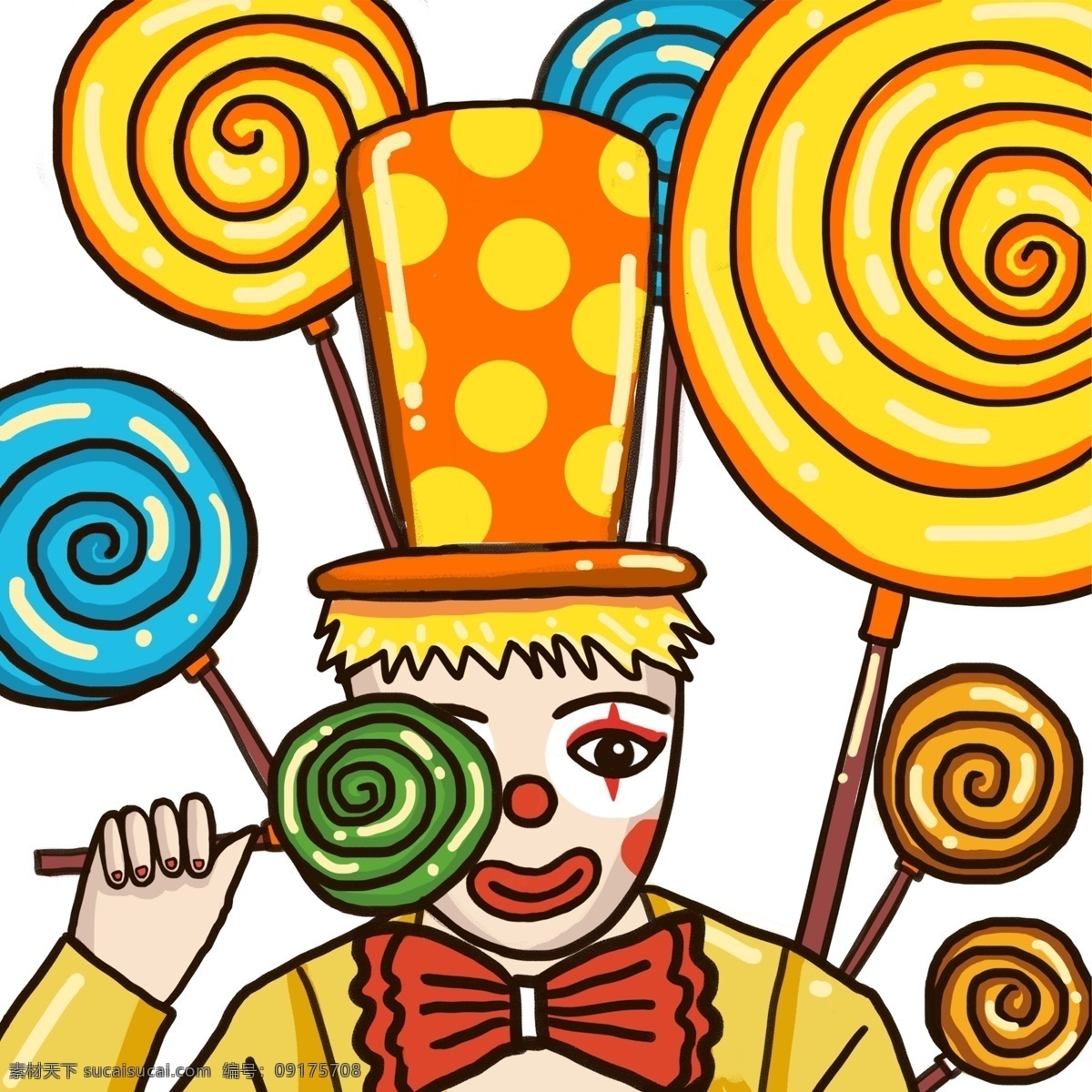 彩色 创意 小丑 卡通 插画 元素 手绘 帽子 穿着 服装衣服 扁平化 光泽 圆点 美食 食物 节日 鼻子 嘴巴