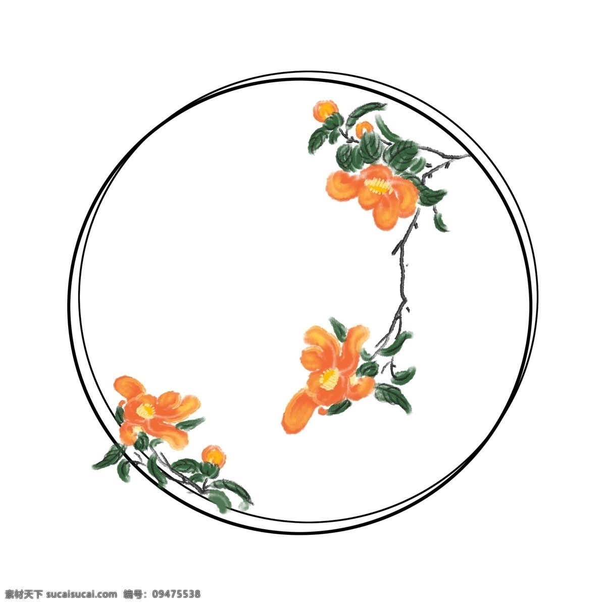 手绘 古风 石榴花 边框 黄色的花朵 绽放的鲜花 盛开的鲜花 手绘花朵边框 圆形的边框 创意古风边框