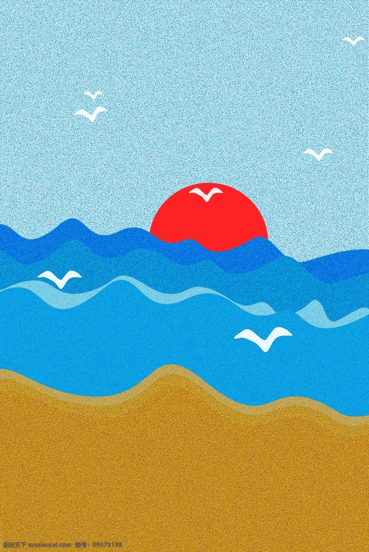 海边 落日 沙滩 海鸥 背景 蓝色