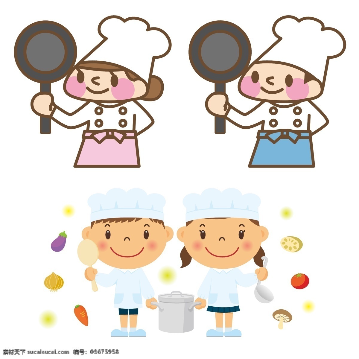 厨师卡通图片 厨师 卡通 男 女 平底锅 儿童 配餐员 男孩 女孩 蔬菜 动漫卡通插图 动漫动画