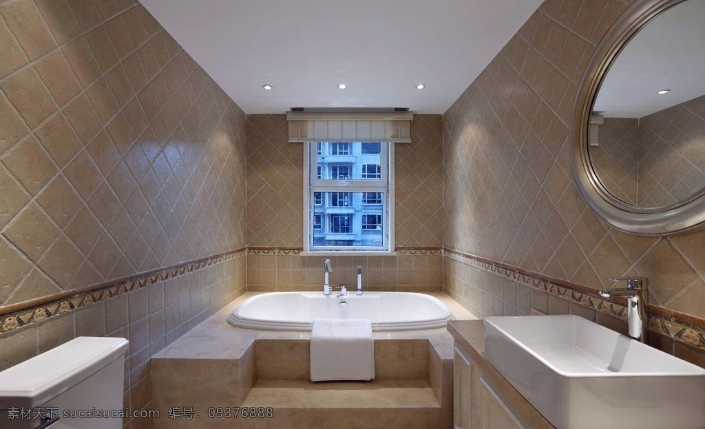 现代 轻 奢 浴室 菱形 浅褐色 背景 墙 室内装修 图 浴室装修 瓷砖背景墙 瓷砖洗手台 圆形镜子