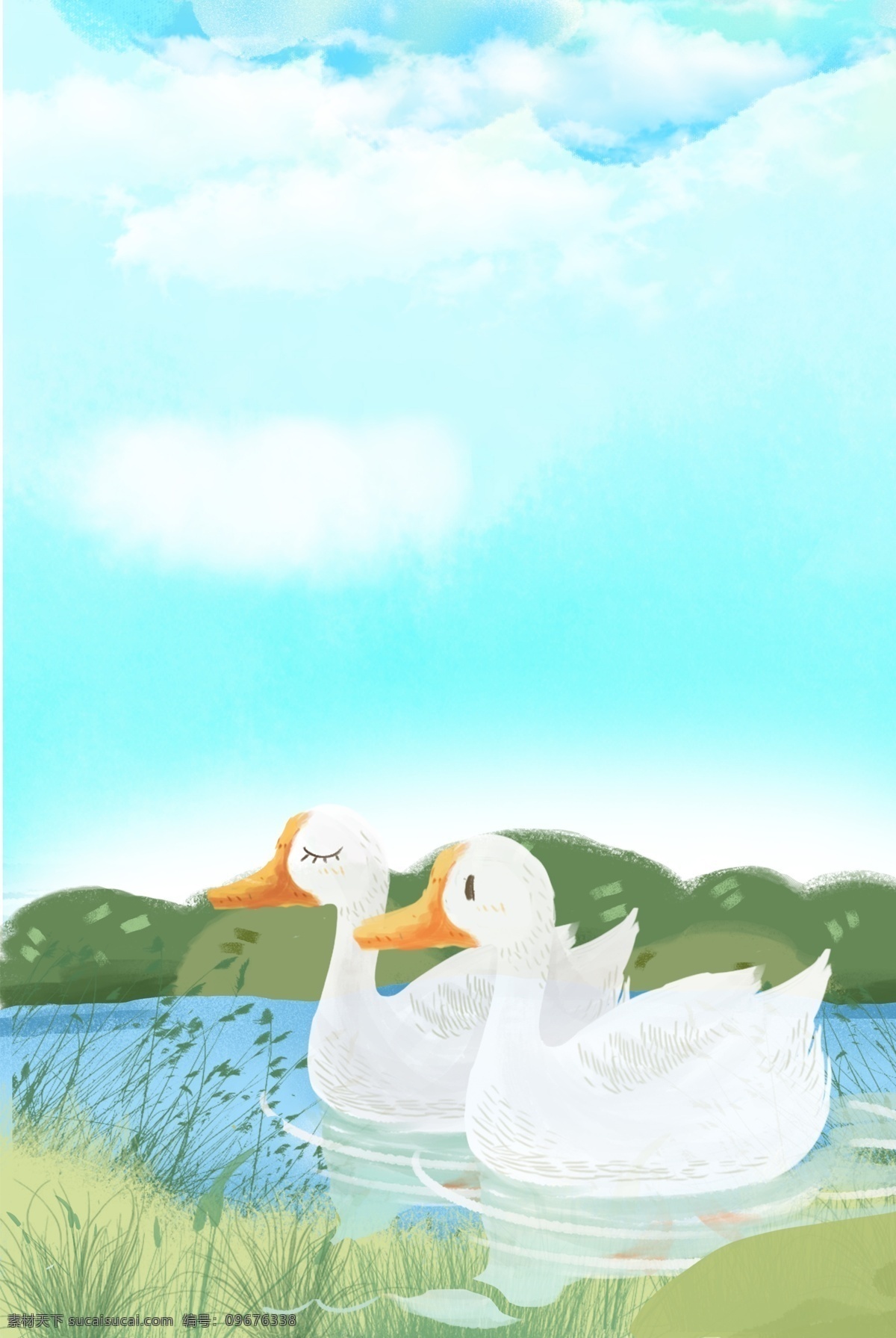唯美鸭子背景 简约 清新 池塘 鸭子 质感 纹理 卡通 文艺 唯美