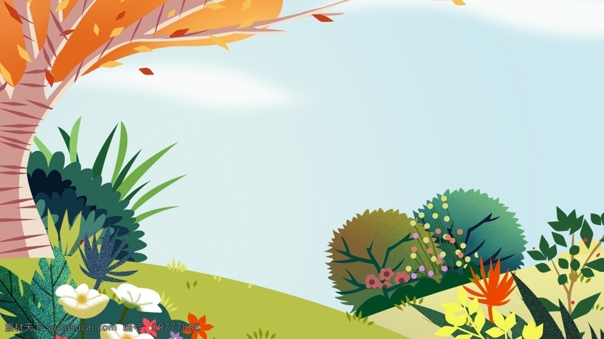户外 植物 草地 天空 背景 树木 卡通 彩色 创意 装饰 设计背景 海报背景 简约 图案