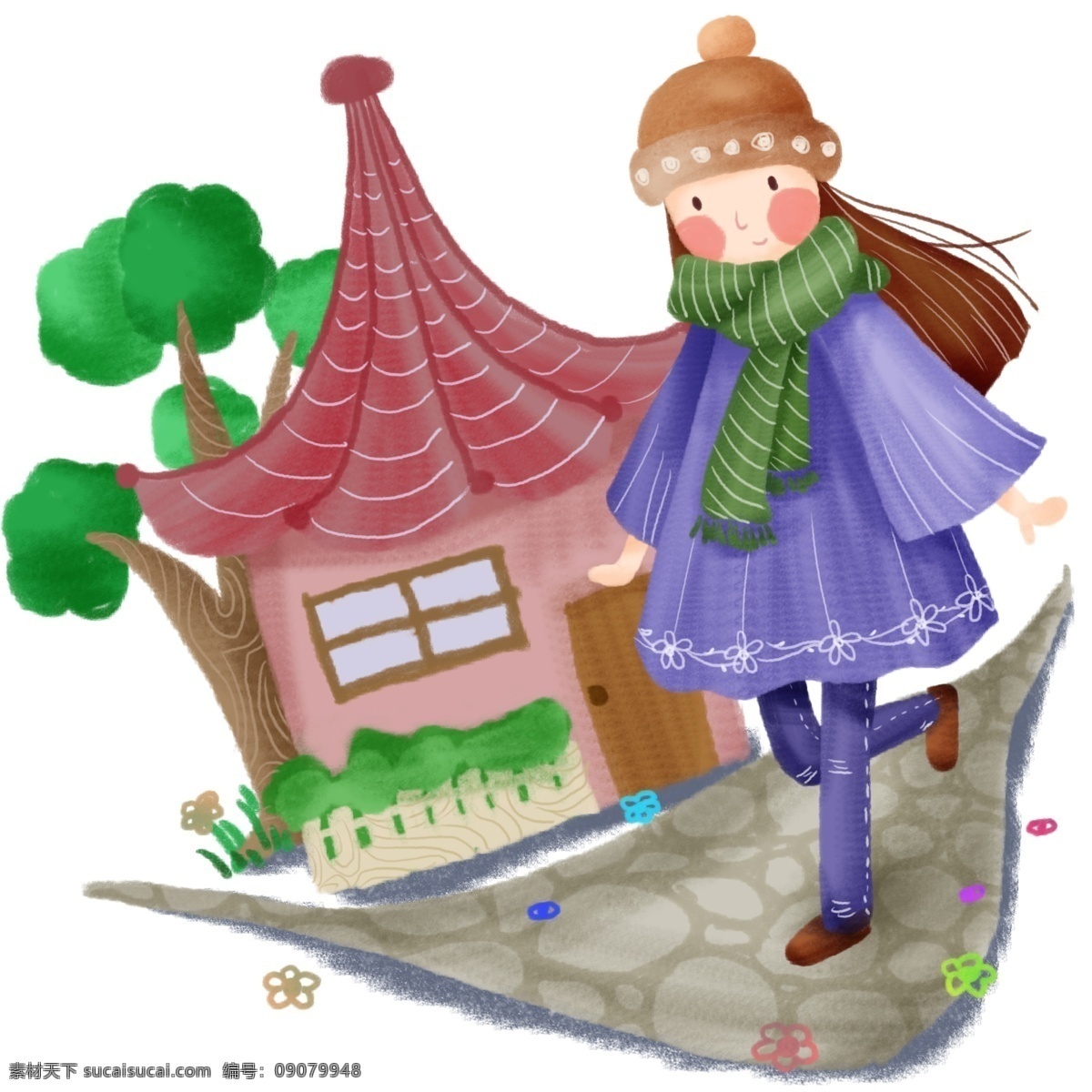 手绘 可爱 卡通 小 房子 小女孩 小房子 屋子 郊外 野外 春游 路上 植物 树木 女孩 少女 春天 春 蓝色 牛仔裤