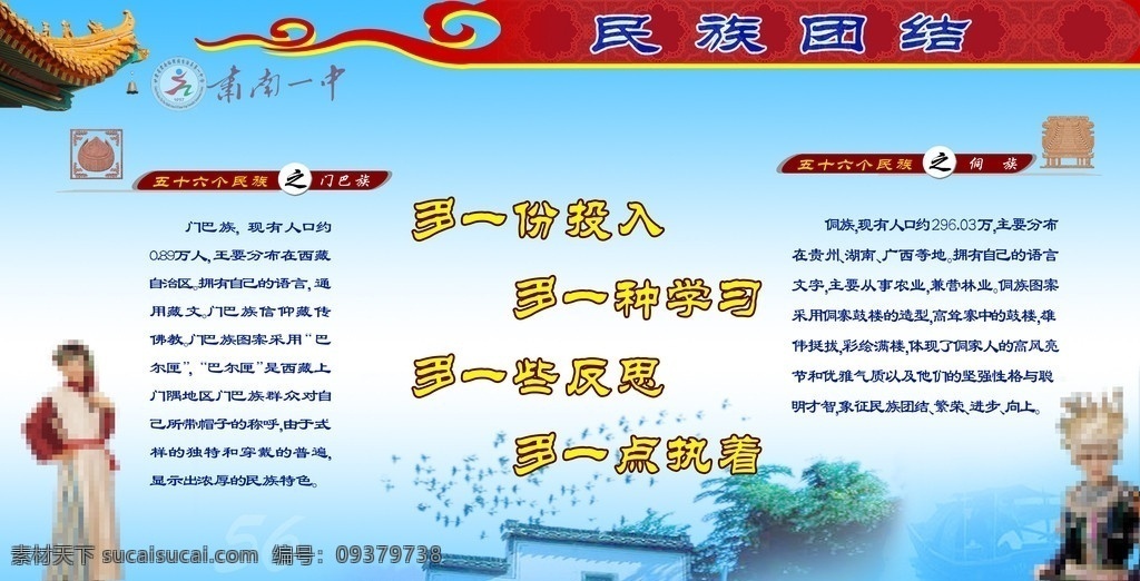 民族团结展板 五 十 六 民族 门巴族 侗族 少数民族 屋檐 展板模板 广告设计模板 源文件