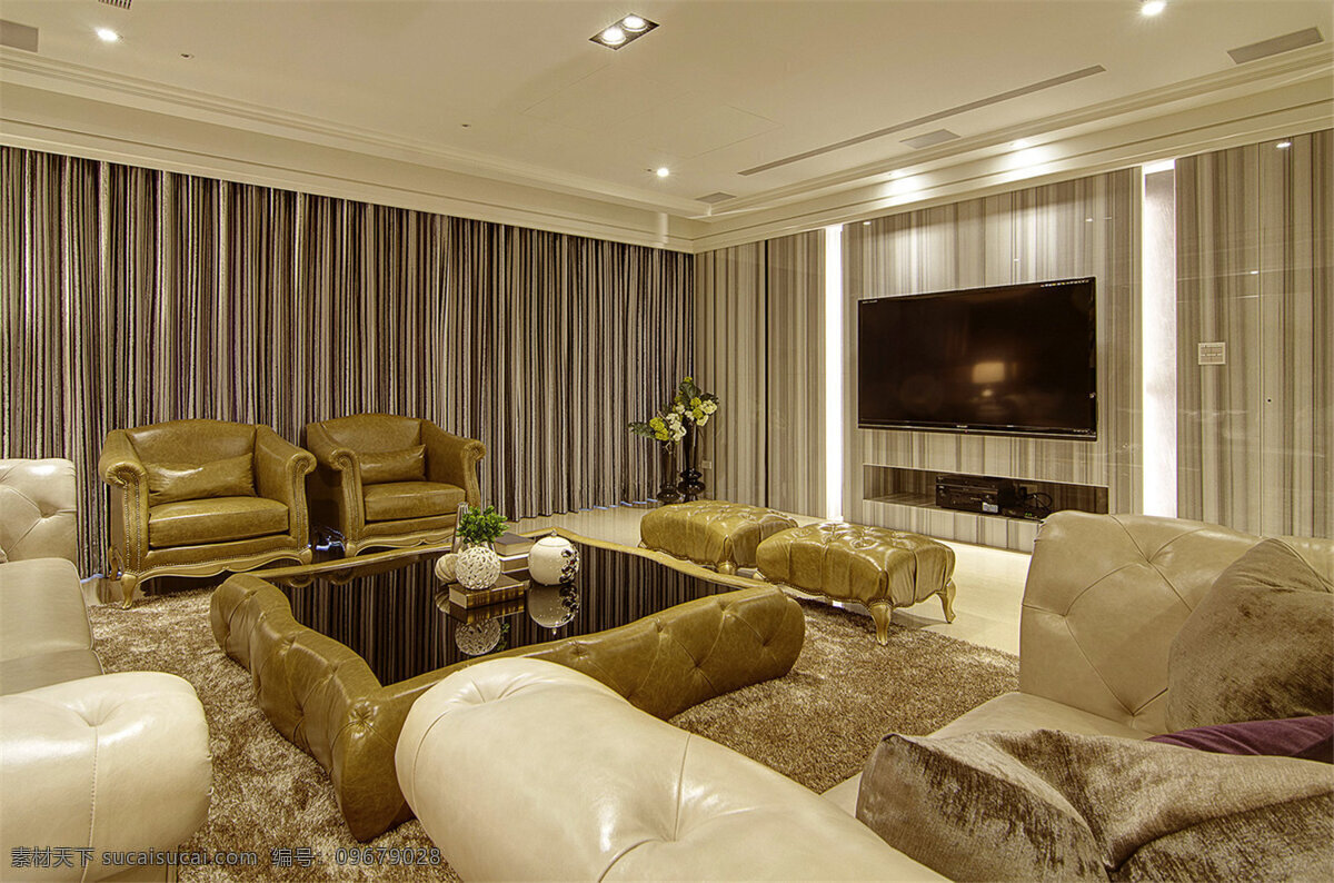 室内 客厅 现代 时尚 豪华 装修 效果图 时尚皮艺沙发 奢华茶几 花纹地毯 白色集成吊顶 白色灯光