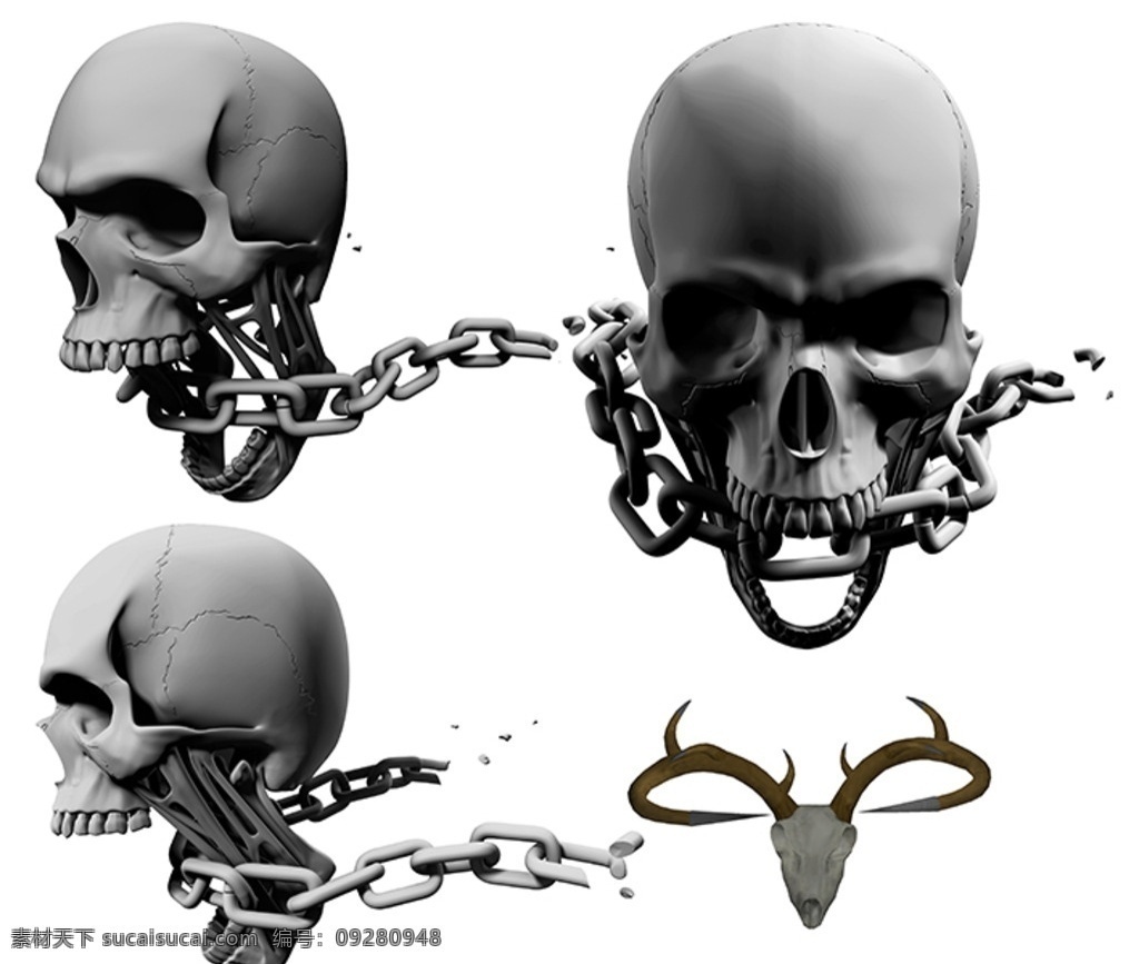 骷髅素材 人头骨 骷髅骨头 恐怖骷髅 锁链 羊骨头 3d 分层