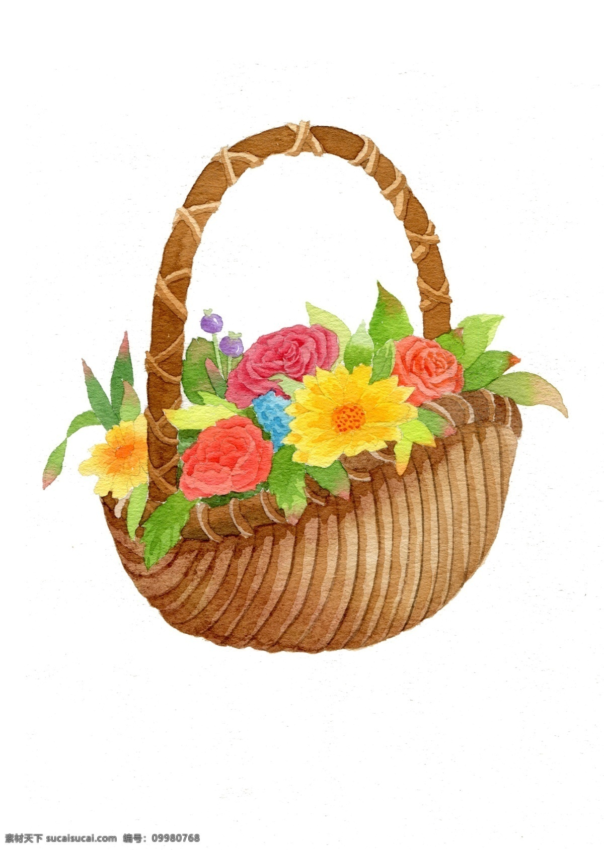 鲜花 花篮 粉色 叶 水彩 卡通 手绘 绿叶 装饰 彩色 漂亮的花篮
