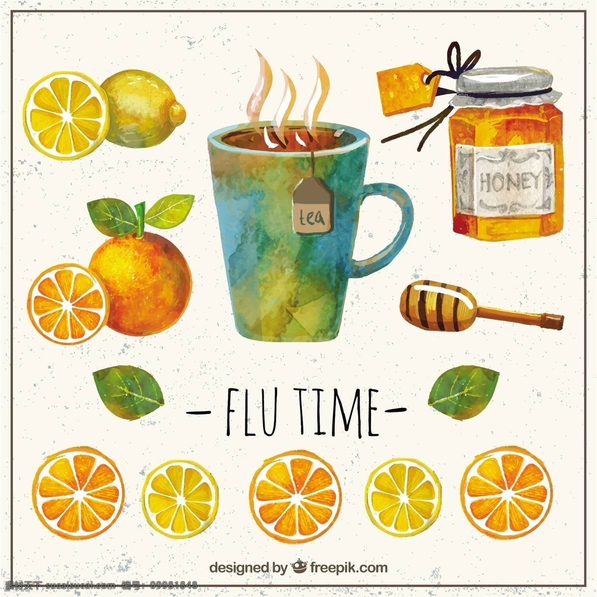 复古水彩画 复古 水彩 手 画 时间 茶 橘子 蜂蜜 杯 柠檬 元素 冷 拉 流感 彩绘 鲜美爽口元素