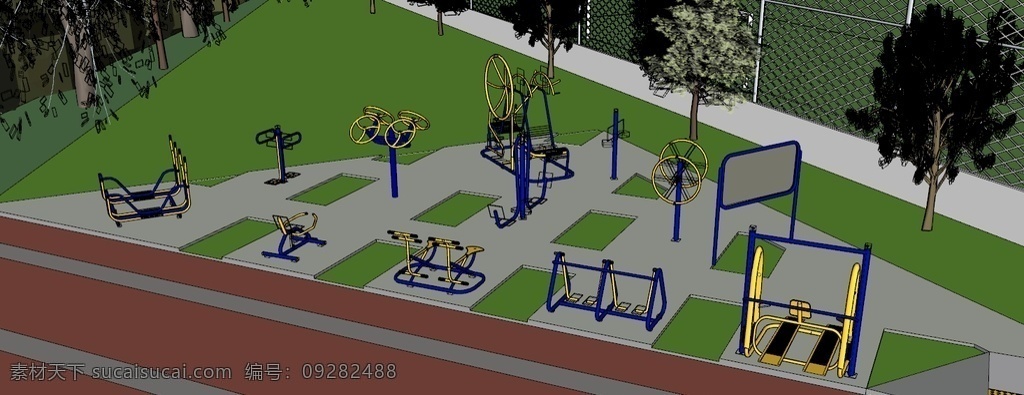 健身小广场 健身器材 小广场 休闲 su 模型 篮球场 3d设计 室外模型