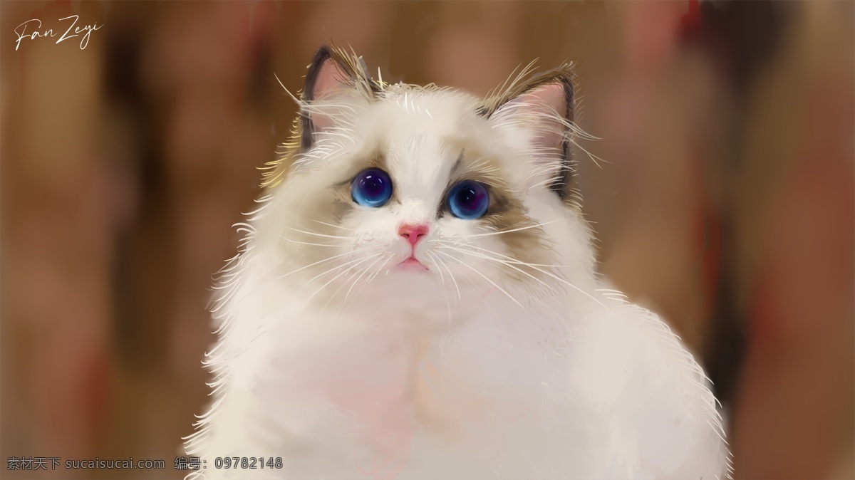 可爱 萌 喵 布偶 猫 插画 ps 手绘 板绘 布偶猫 猫咪 治愈 形象 波斯 蓝眼睛 白色 棕色 毛 宠物 主子 星人 分层