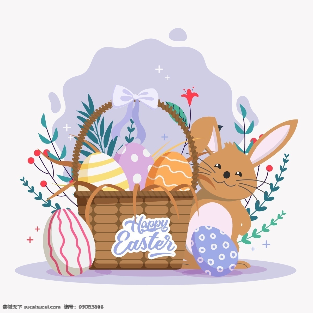 复活节 彩蛋 篮子 兔子 可爱 花卉 矢量 高清图片