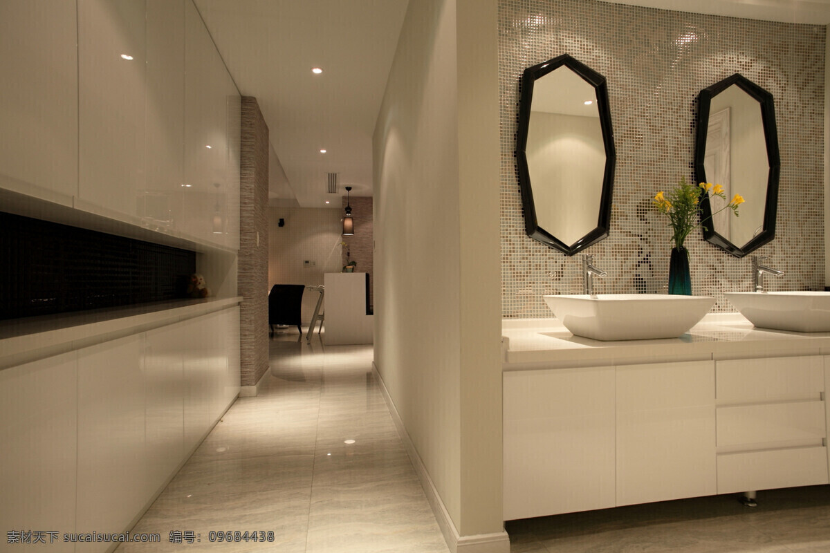 简约 卫生间 洗手盆 装修 效果图 白色射灯 方形吊顶 过道 灰色地板砖 走廊