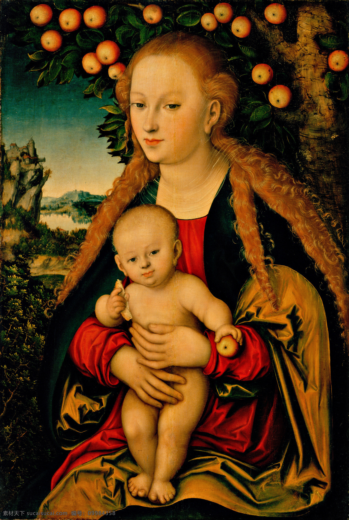 高清油画 古典 绘画书法 人物 色彩 文化艺术 油画 卢卡斯克 抱孩子的处女 卢卡斯 克拉纳 赫 苹果 树下 抱 孩子 处女 装饰素材