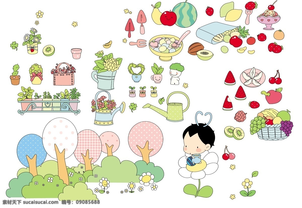 可爱 花朵 水果 小 元素 西瓜 草莓 樱桃 冰淇淋 盆栽 树丛 动漫动画 风景漫画