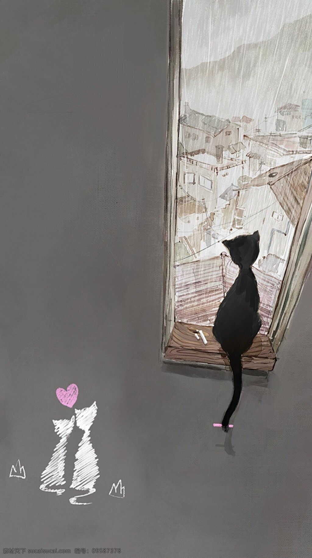 雨夜 里 倚坐 窗 猫 简约 可爱 清新 壁纸 背景 海报 宣传 灰色