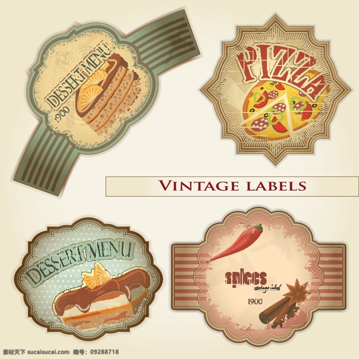 矢量 欧式 食物 标签 标签设计 蛋糕 复古标签 辣椒 披萨 食品标签 矢量素材 复古背景墙 家居装饰素材