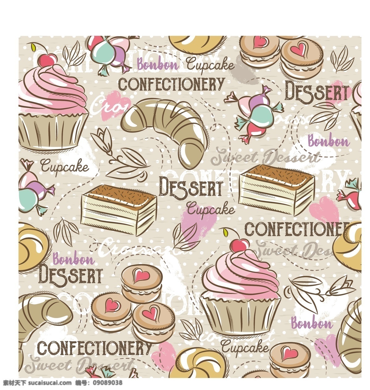 手绘甜品背景 底纹 手绘 甜品 背景 蛋糕 牛角包 马卡龙 纸杯蛋糕