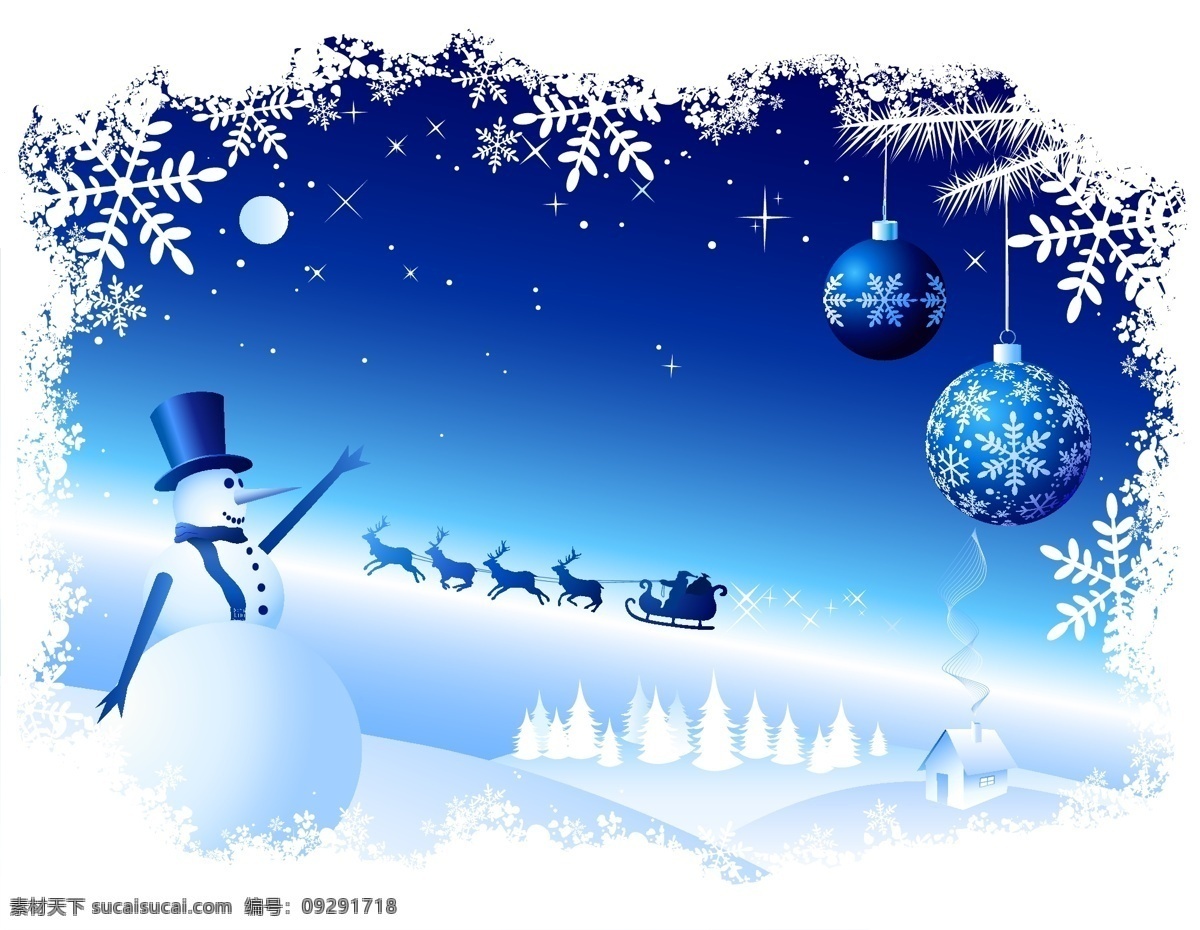 雪花 花边 雪人 雪景 冬天 房子 节日矢量素材 蓝色 闪光 圣诞节矢量图 矢量圣诞节 矢量图 麋鹿圣诞老人 节日素材