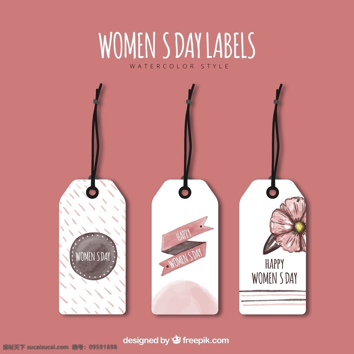 款 彩绘 妇女节 吊牌 水彩 花卉 丝带 happy womens day 文化艺术 绘画书法