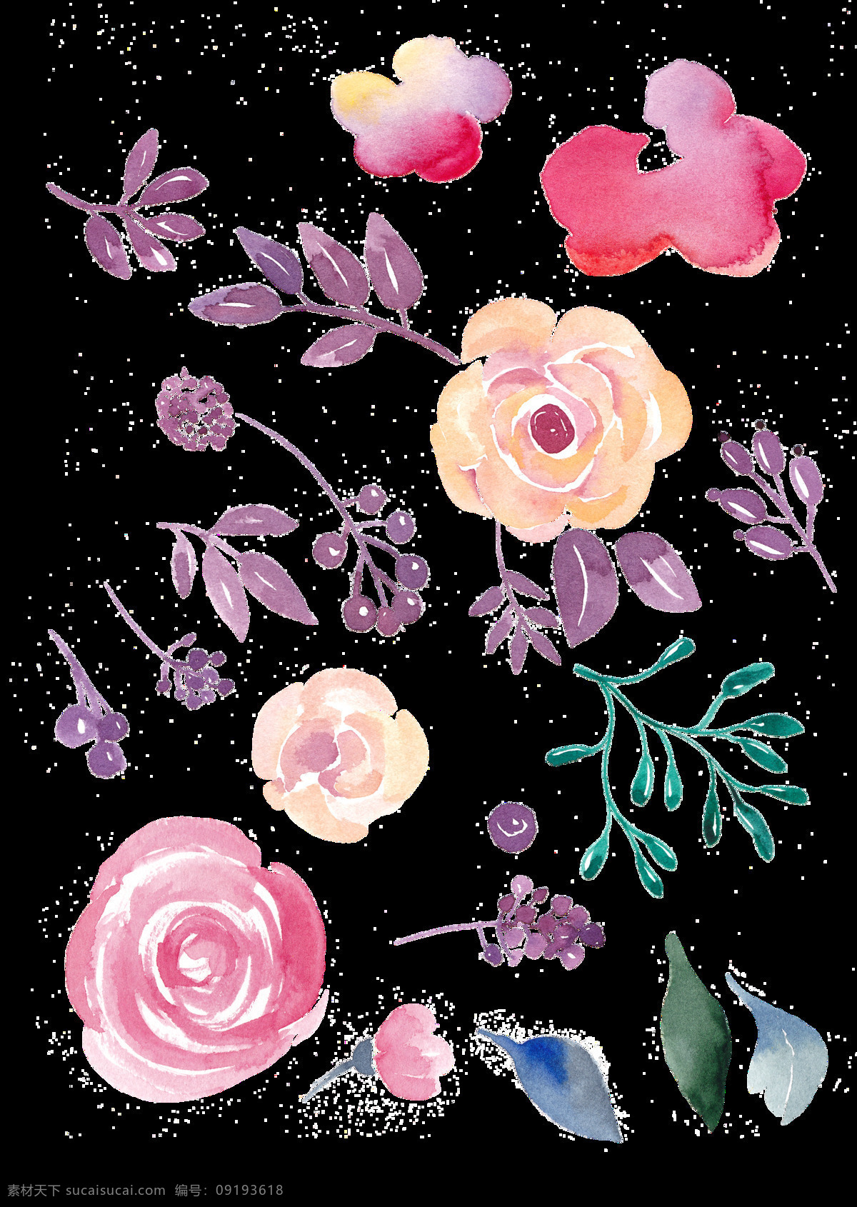 紫色 叶子 搭配 玫瑰 花朵 透明 粉红色 美工色 绿色 手绘 水彩 透明素材 免扣素材 装饰图片