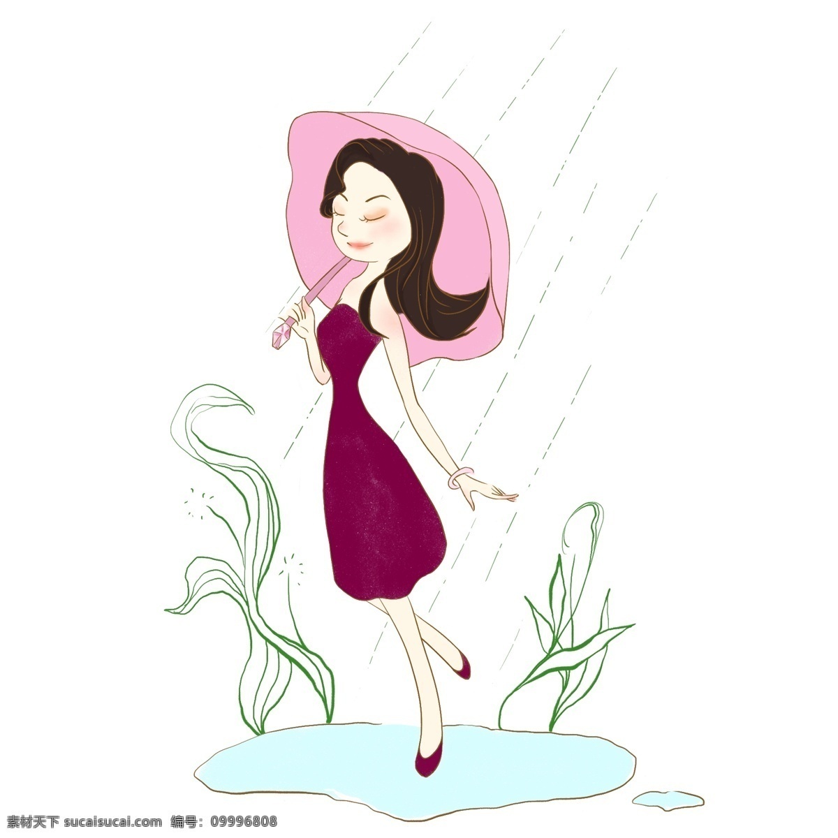 打伞 女人 下雨天 手绘 打伞的人 下雨 穿裙子的人 长发 草 水滩