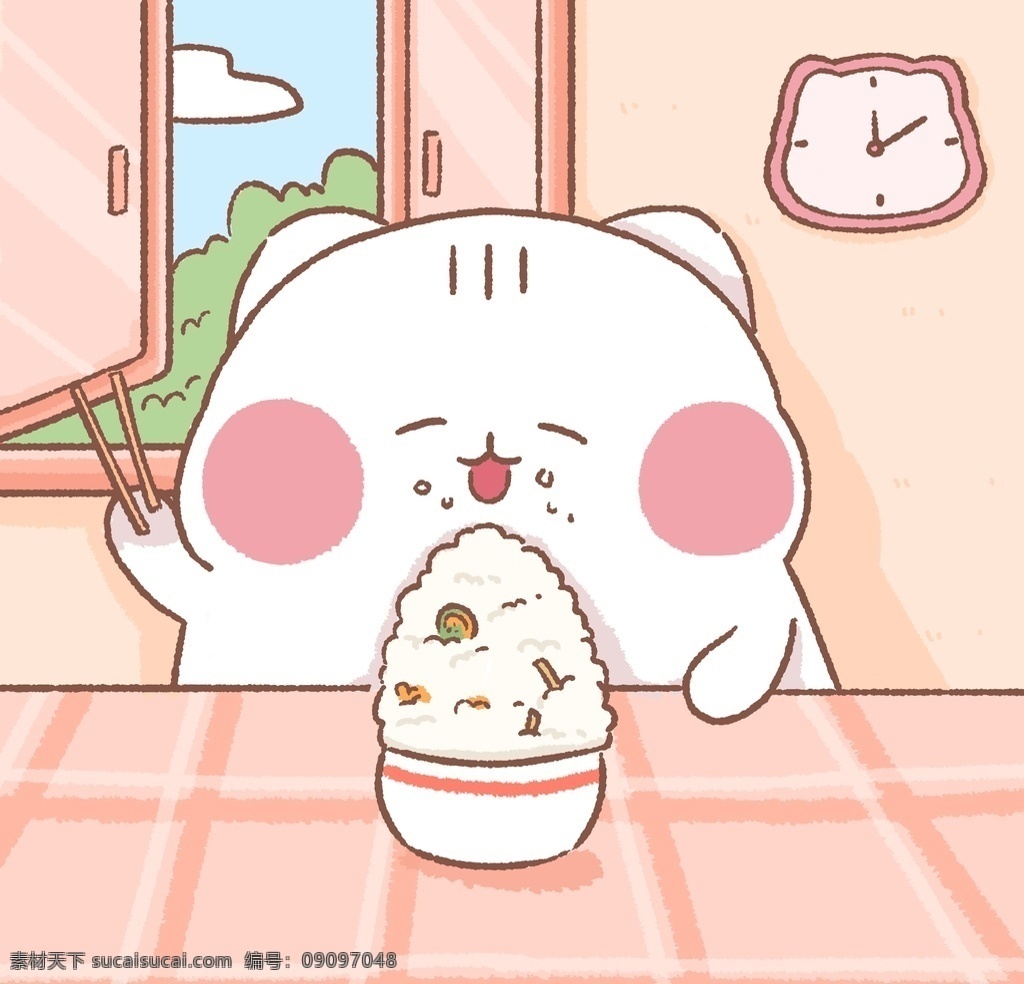 吃饭猫 插画 卡通 ip 猫 头像 可爱 吃饭 米饭 碗 筷子 钟表 窗户 好吃 动漫动画 动漫人物