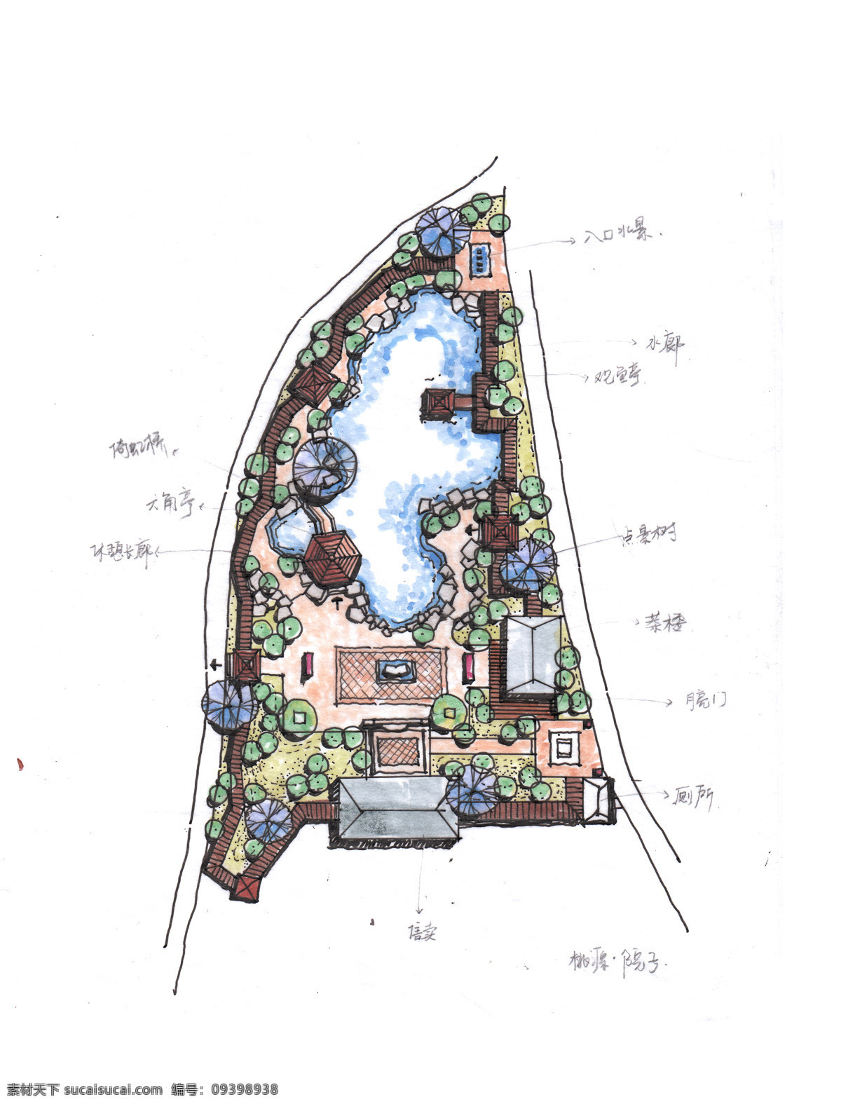 中式 院子 手绘 平面图 中式院子 戏楼 茶楼 连廊 荷花池 钢笔画 马克笔表现 环境设计 景观设计