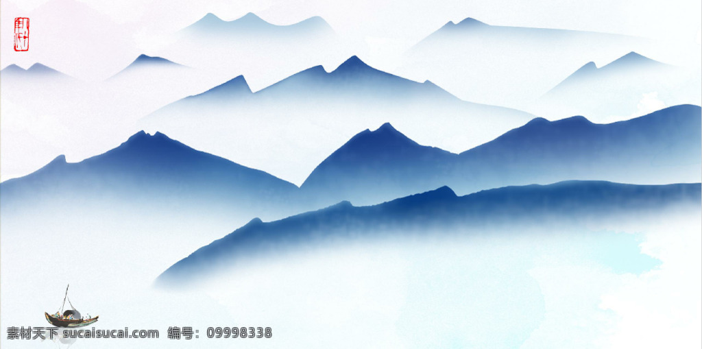 水墨 山水画 背景 墙 装饰画 山 渔船 电视背景墙 沙发背景墙