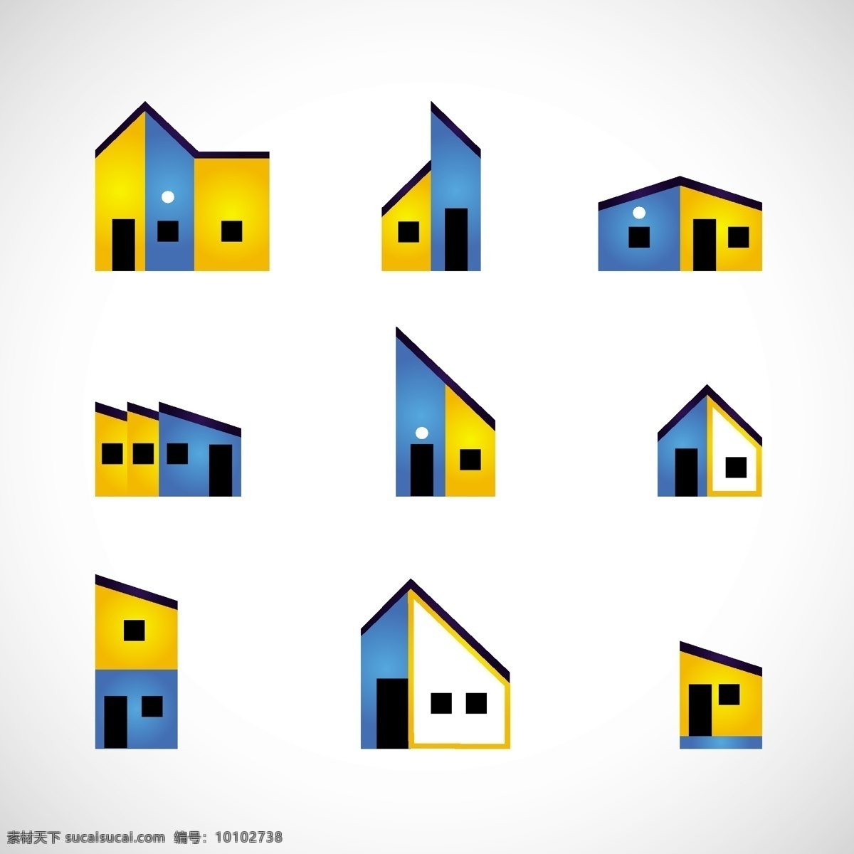 蓝色 黄色 房地产 标识 收藏 商业 住宅 图标 建筑 家居 公司 品牌 黄 现代 企业形象 商业图标 家庭图标 符号 身份 白色