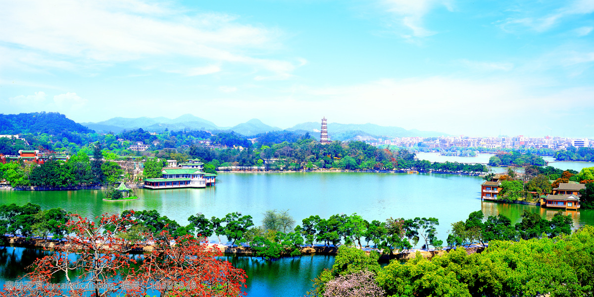 惠州西湖全景 湖水 亭子 蓝天 山峰 树木 风景名胜 自然景观