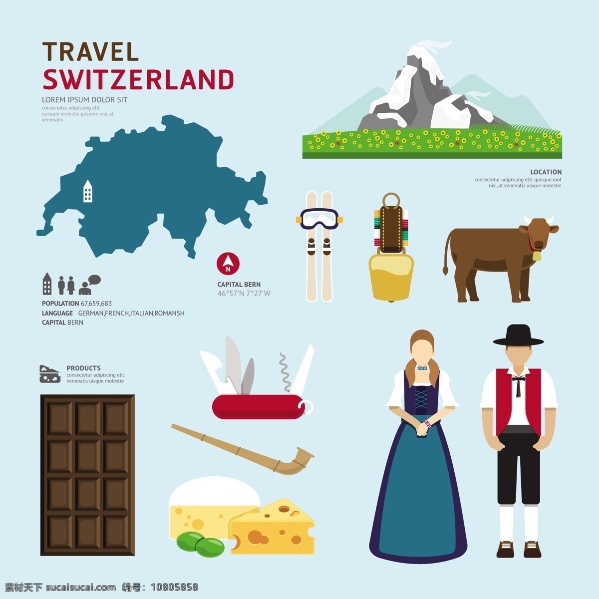 时尚 瑞士旅游 元素 时尚瑞士旅游 旅游景点 著名景点 瑞士卡通雪山 卡通牛 瑞士军刀 奶酪 卡通人物