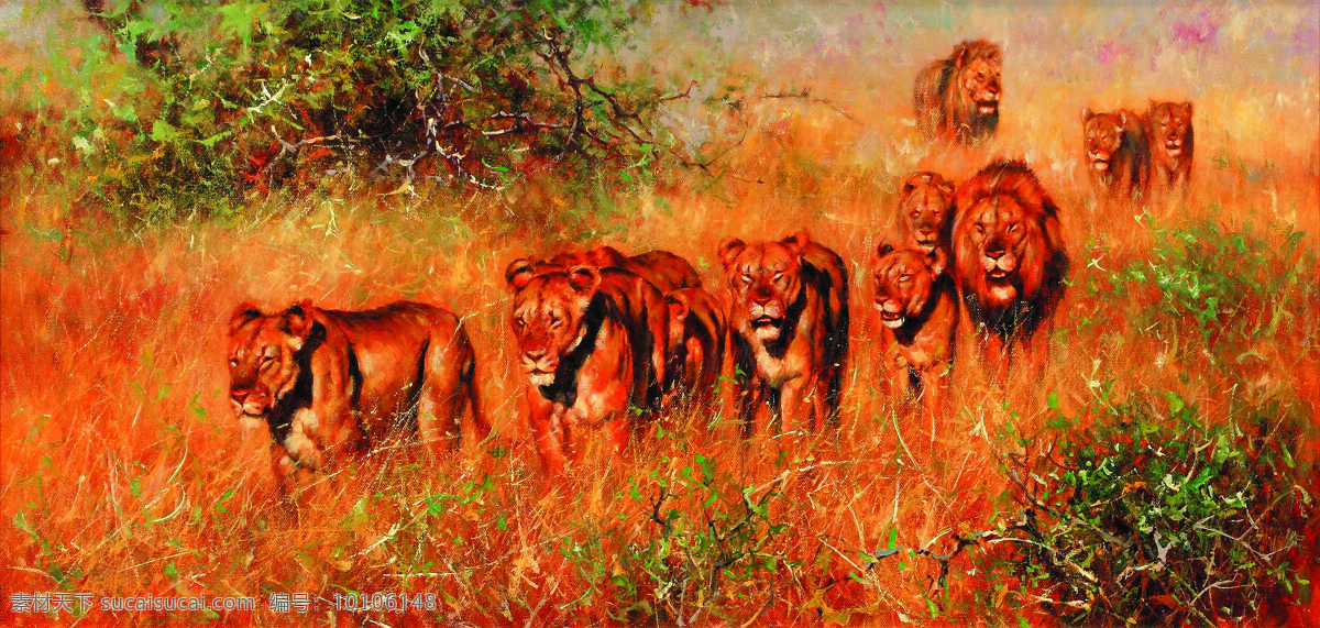 草原狮子 美术 油画 动物 狮子狮群 草原 植物 文化艺术 绘画书法