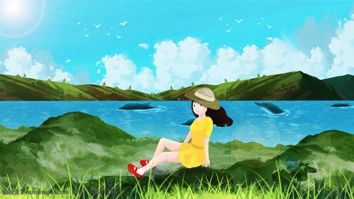 清新 绿色 六月 你好 立夏 手绘 插画 月初 夏天 夏日 少女 草地 插画海报 海报 宣传 漫画 唯美 大自然 甜美 可爱 植物 春游 旅行 度假 假期 暑假 马卡龙 下午 一个人 独处 美好 阳光