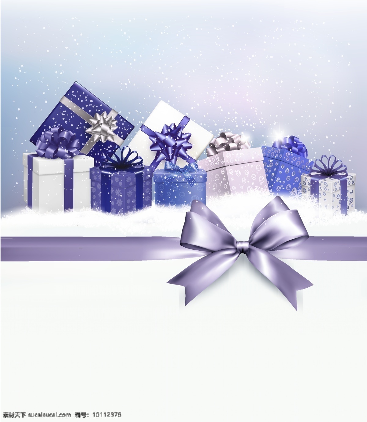 精美 紫色 礼盒 圣诞贺卡 紫色礼盒贺卡 精美紫色礼盒 积雪 雪花 丝带 礼包 圣诞节 新年快乐 merry christmas 礼物 蝴蝶结 创意图