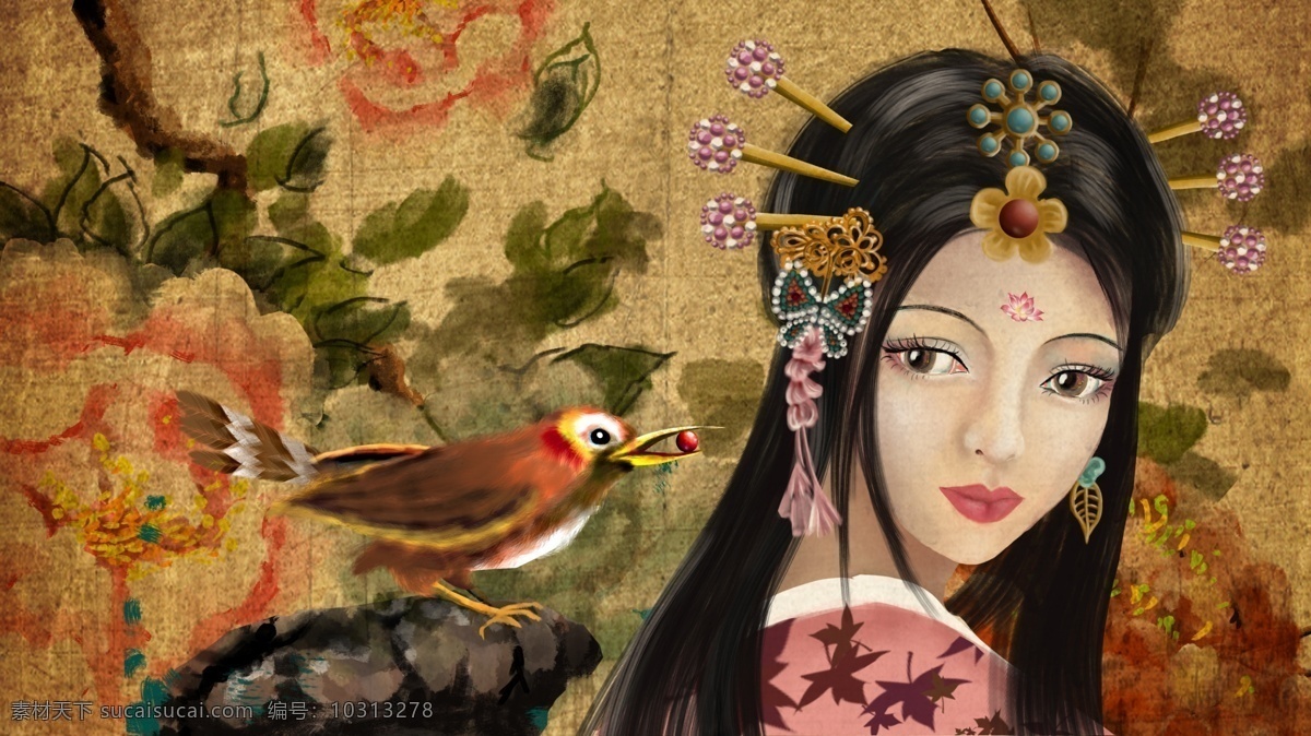 古风 花鸟 牡丹 果实 中 国风 水墨 带 簪子 女子 中国风 插画 可爱 清新 带簪子 国画 宣纸 朋友圈配图 手机壁纸 电脑壁纸 插图 配图 微博配图 公众号配图 文章配图 原创 手绘