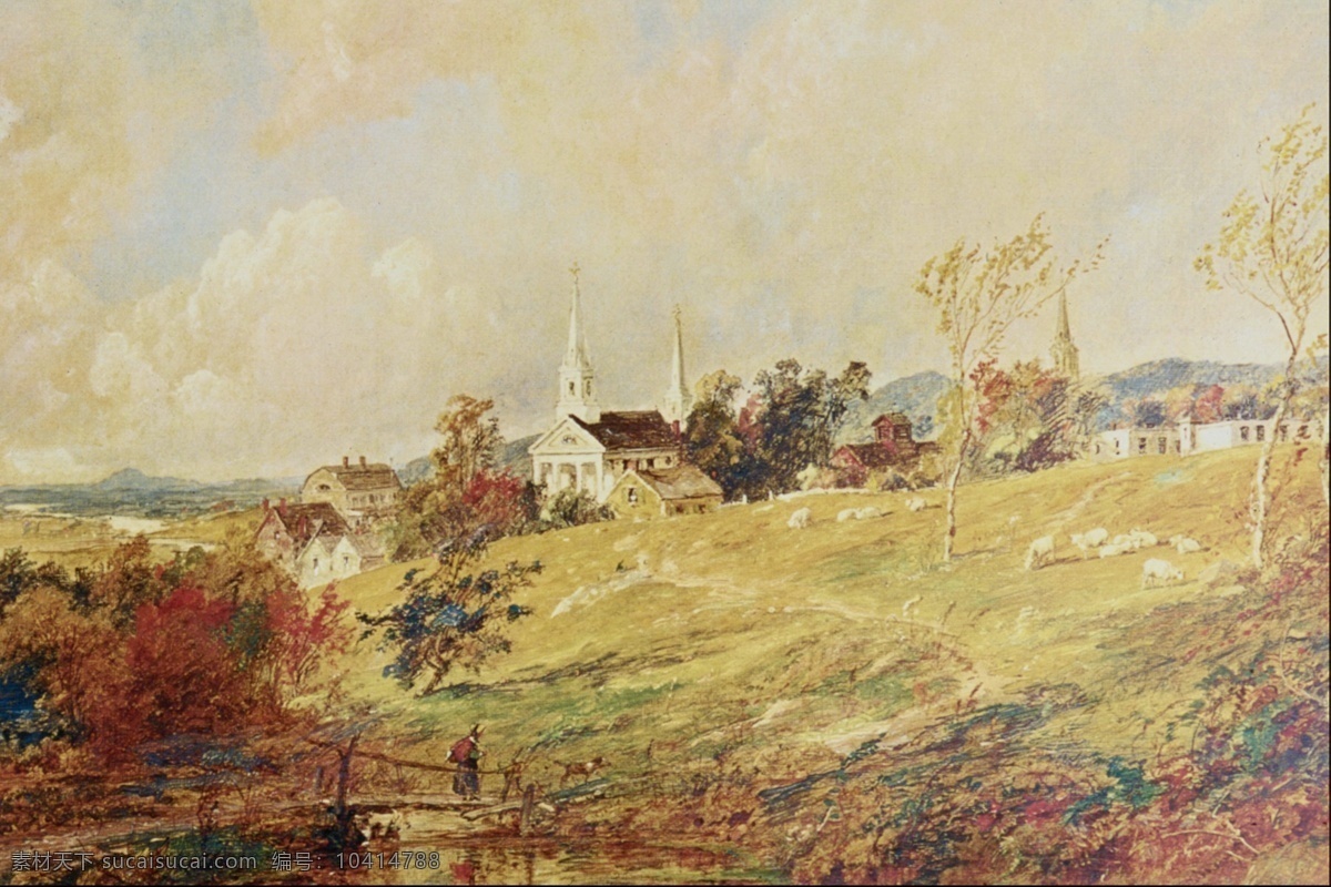 山水画 房子 古典 人物 小路 小桥 油画风景 家居装饰素材 室内装饰用图