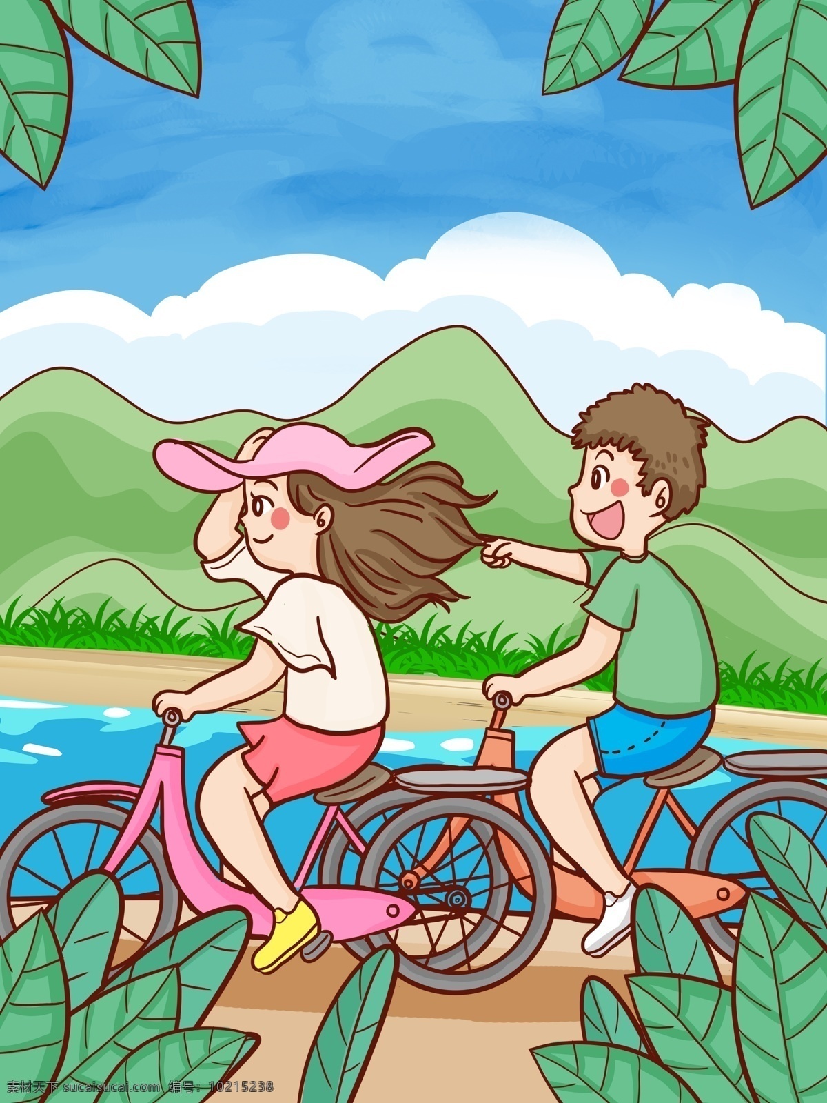 旅游 季节 男孩 女孩 骑 脚踏车 手绘 原创 插画 旅游季节 骑自行车 踏青 春天 春天来了 兜风 开心 卡通