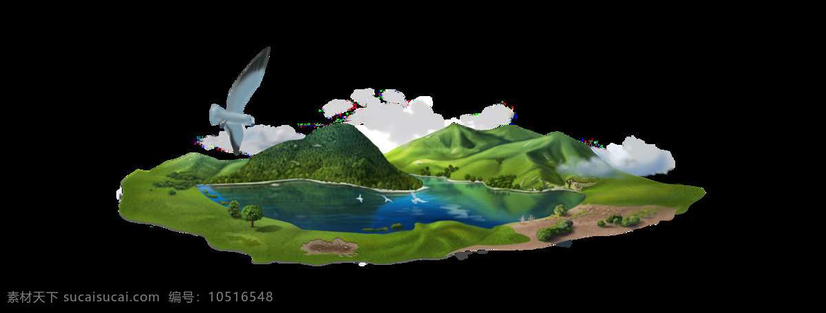 卡通 绿色 小岛 景色 元素 png元素 飞鸟 高山 免抠元素 透明素材