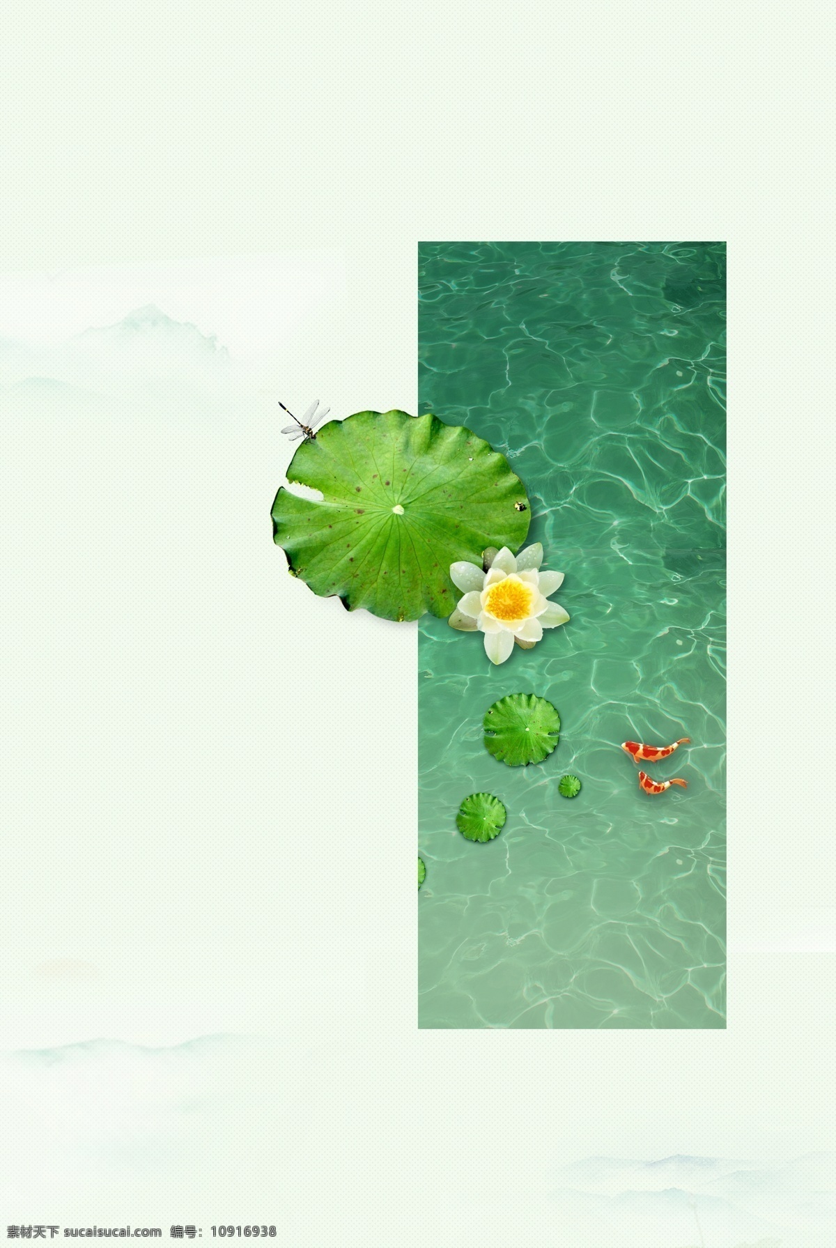 简约 清新 小暑 海报 背景 大图 水纹 荷叶 金鱼 蜻蜓 传统节气 夏天 花朵 开心
