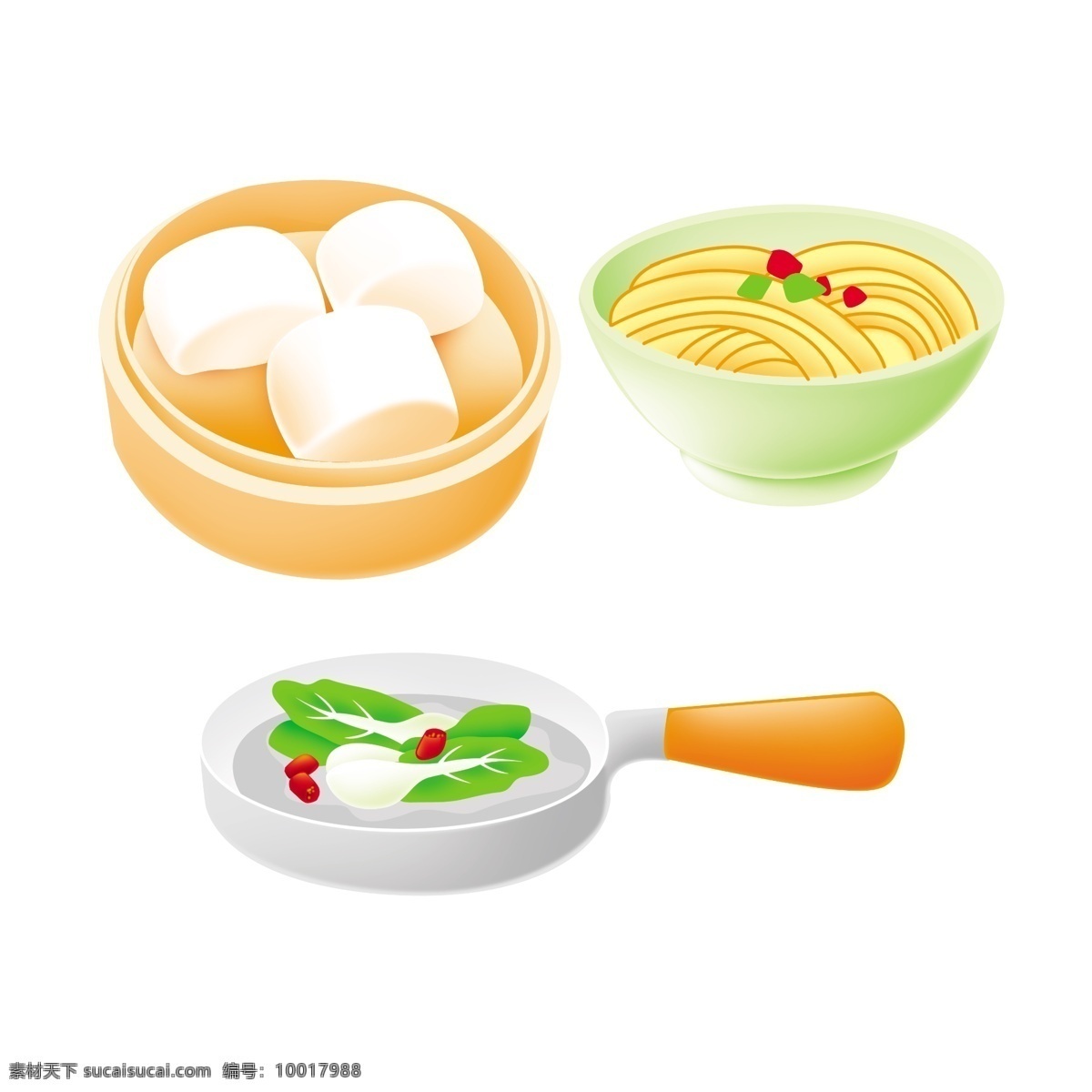 食物小图标 图标 蒸笼 馒头 平底锅 蔬菜 食物 分层