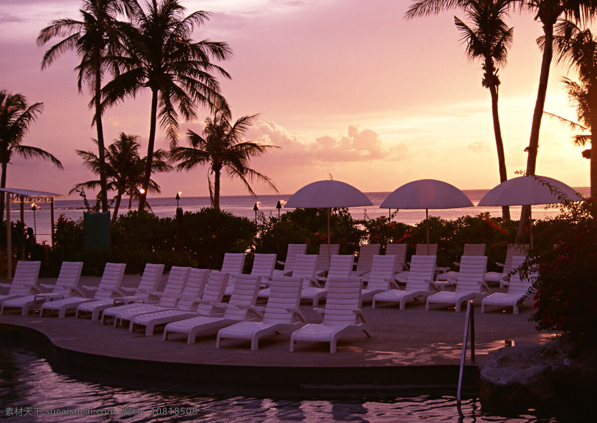日落 黄昏 旅游 风景区 夏威夷 夏威夷风光 悠闲 假日 躺椅 唯美 热带树 大海图片 风景图片