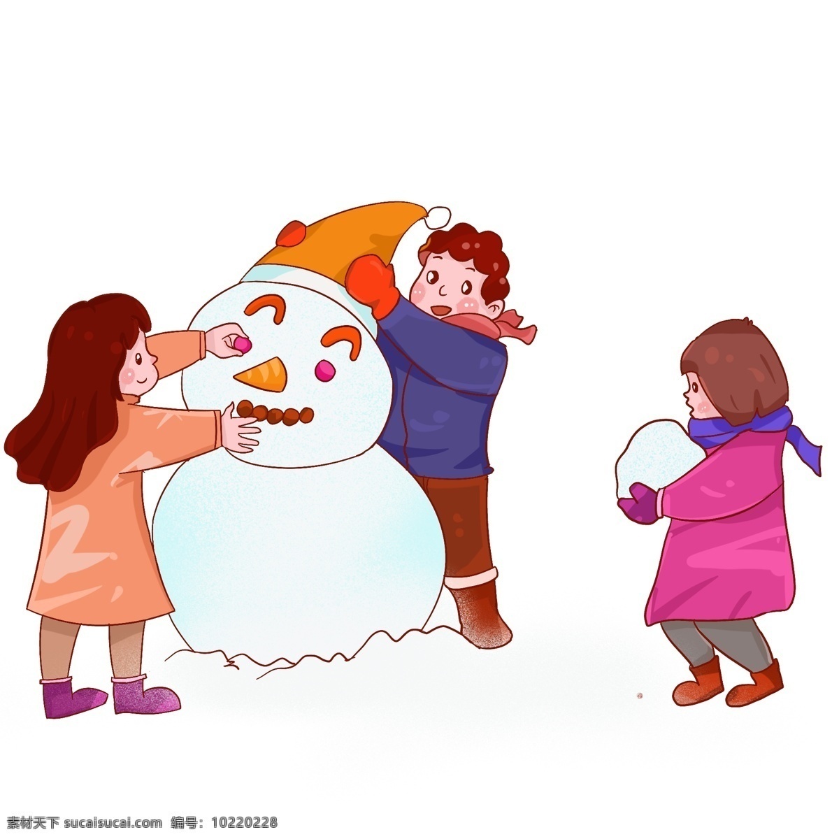 新年 过年 堆 雪人 孩子 中国风 喜庆 卡通 人物 插画 堆雪人 传统节日 吉祥 如意 庆祝 高兴 快乐 手绘