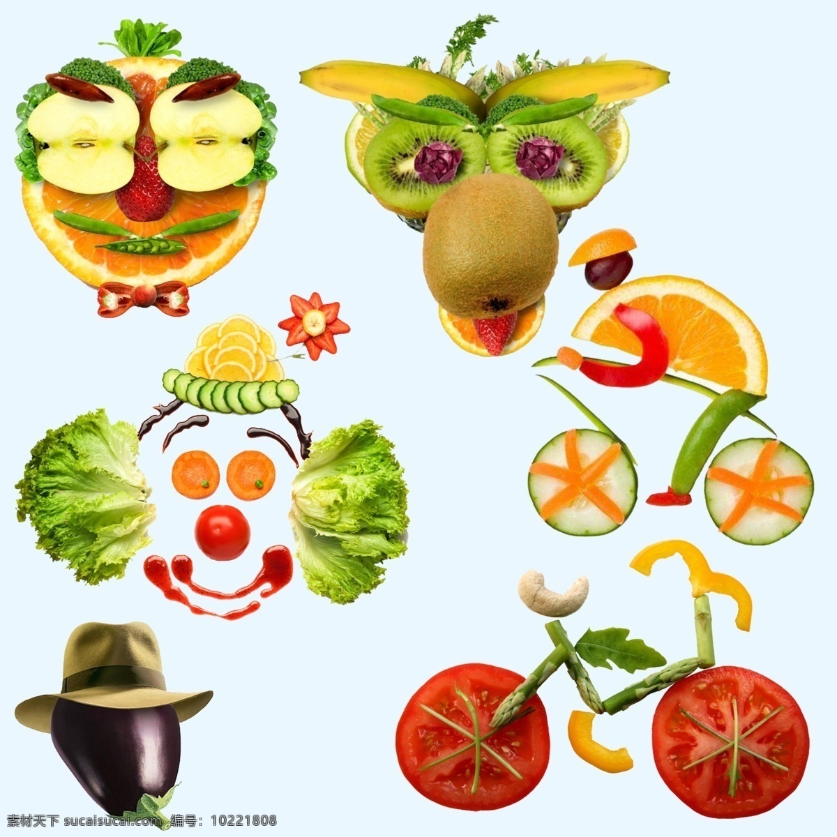 创意造型水果 创意水果 水果造型 水果拼图 水果人面像 水果小丑 好吃的水果 创意水果素材 运动的水果 白色