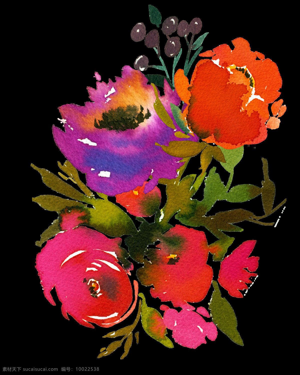 手绘 颜色 鲜艳 花卉 透明 果子 花纹 橘红色 绿色 免扣素材 水彩 透明素材 叶子 装饰图案 紫色
