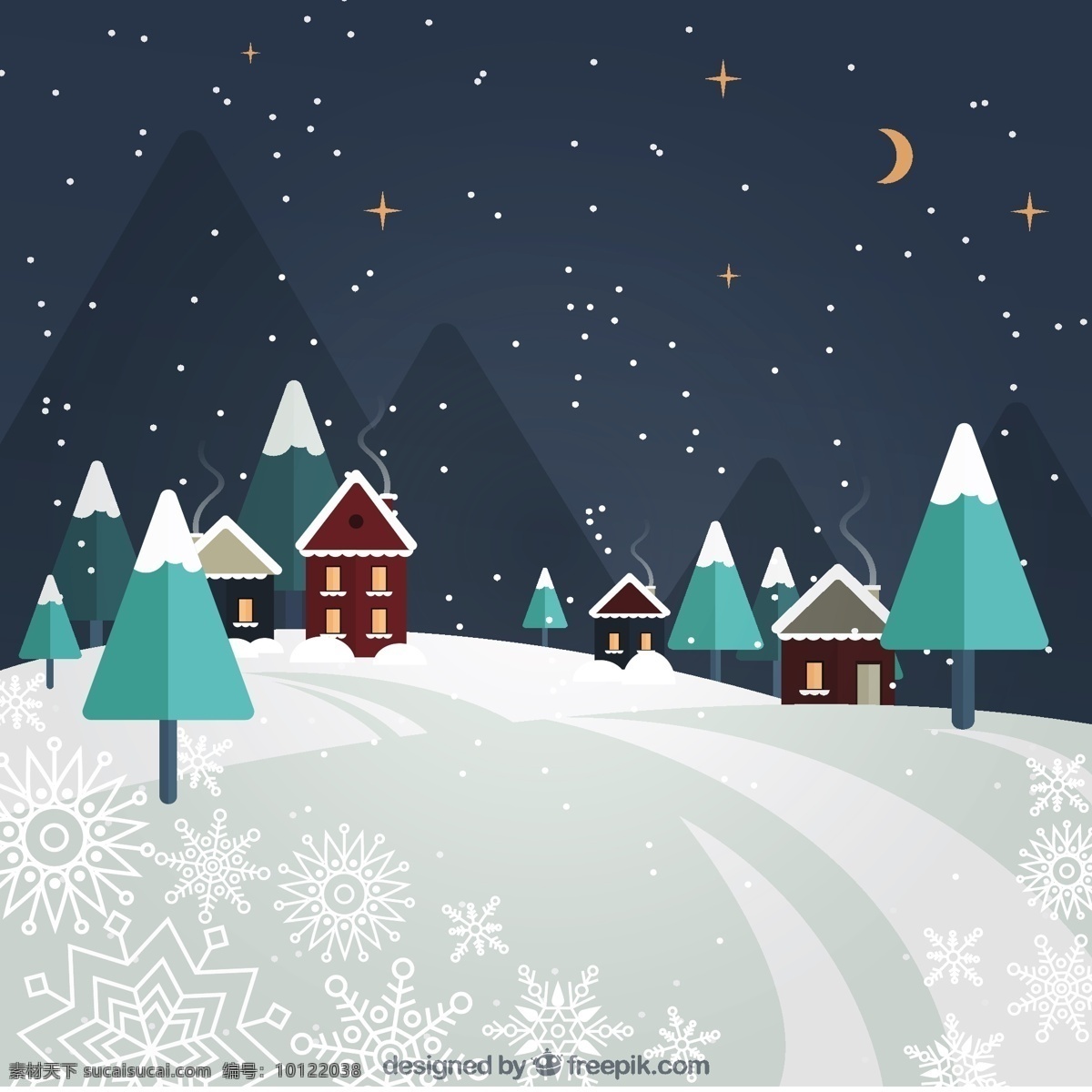 房子 松树 夜晚 风景 背景 雪 圣诞节 圣诞快乐 冬天 景观 平坦 圣诞背景 晚上 装饰 平面设计 文化 冬天冷 假期