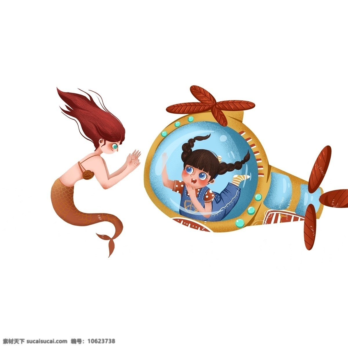 复古 美人鱼 飞艇 里 女孩 插画 元素 童话 童话风 手绘 女生 儿童