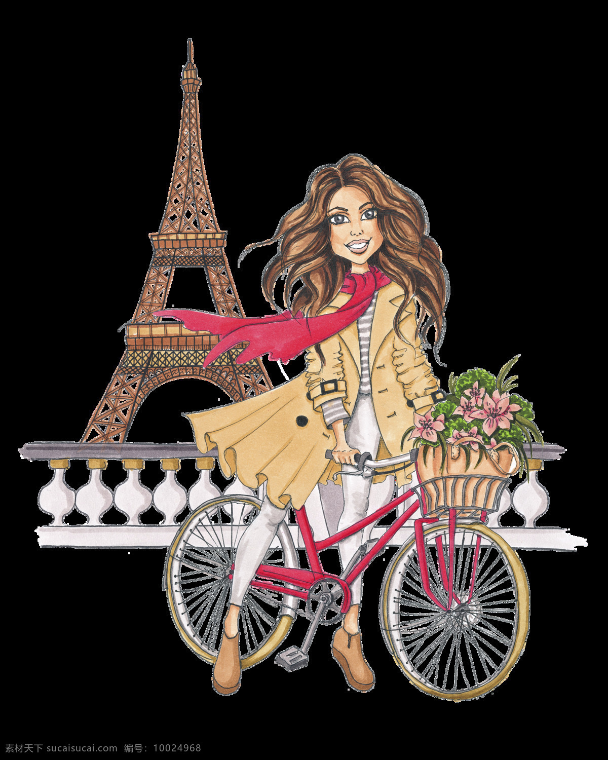 手绘 铁塔 下 自行车 美女 透明 粉红色小花 红色 卡通 旅游标志 免扣素材 水彩 透明素材 装饰图案