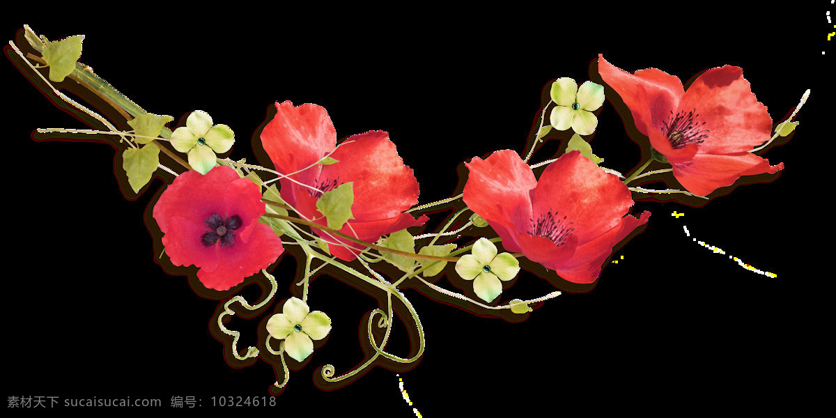 手绘 色彩 艳丽 花朵 透明 红色 植物 绿色 叶子 生机勃勃 透明素材 免扣素材 装饰图片