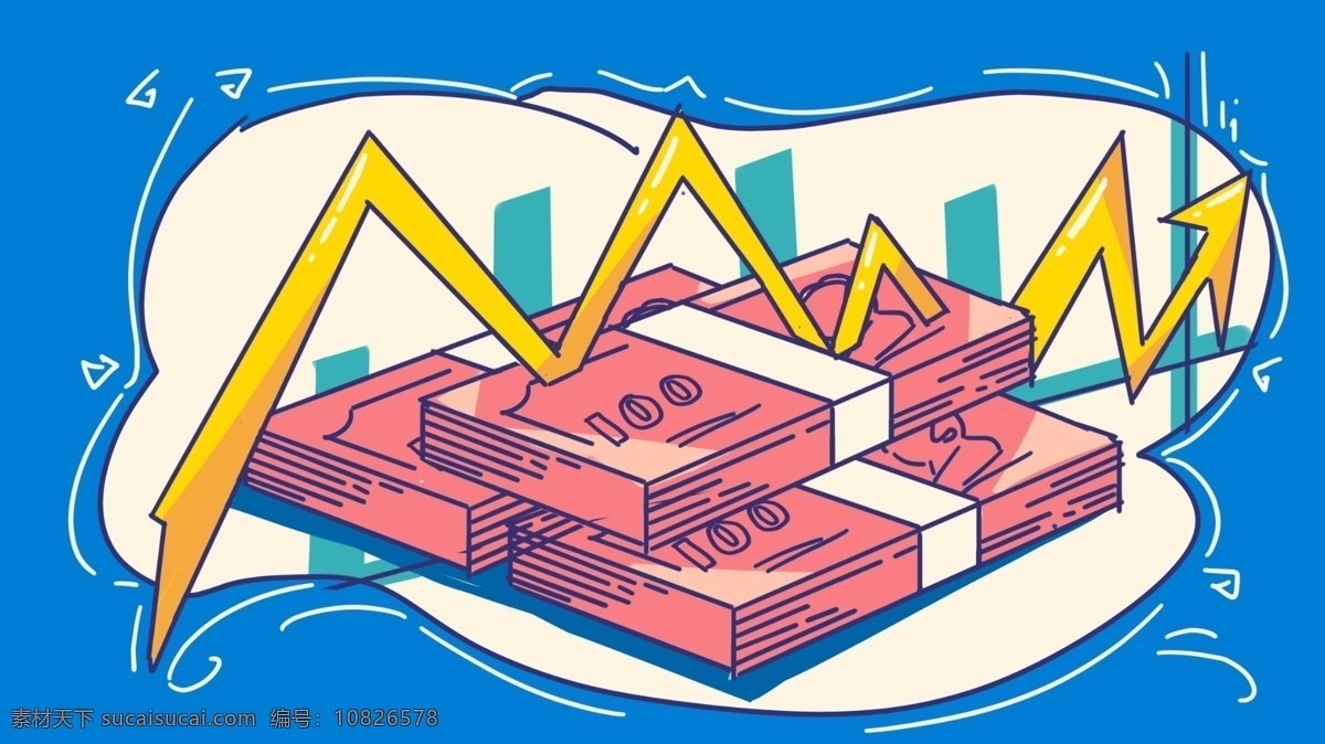 商务 金融 报表 效益 钱币 撞 色 描 边线 稿 插画 手绘 箭头 蓝色 人民币 钞票 撞色 描边 壁纸 插图 配图 原创